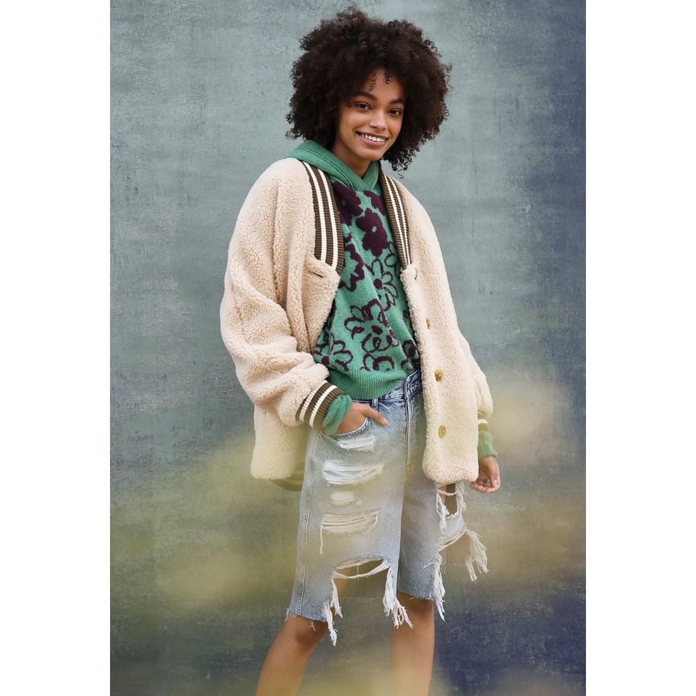 We The Free Sweet Varsity Cardigan Size Small Cream Teddy Sherpa Oversized Fall